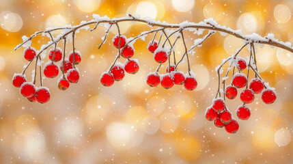 A vibrant display of winter berries coated with glistening snow on a branch in a natural setting, capturing the essence of seasonal beauty.