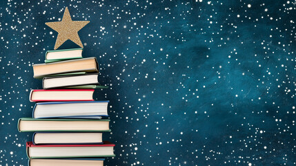 A creative Christmas tree formed by books with star on the top, against a dark blue night sky filled with shining stars.