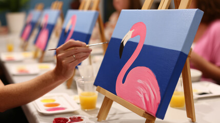 A vibrant tableau of artistic expression unfolds as individuals engage in a painting class, focusing on a colorful flamingo design.