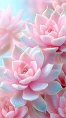 Obraz premium Delicate pastel hues of pink and green, forming a captivating close-up of Echeveria succulents, creating a beautiful pattern. A soft, natural lighting emphasizes the exquisite details and textures. 