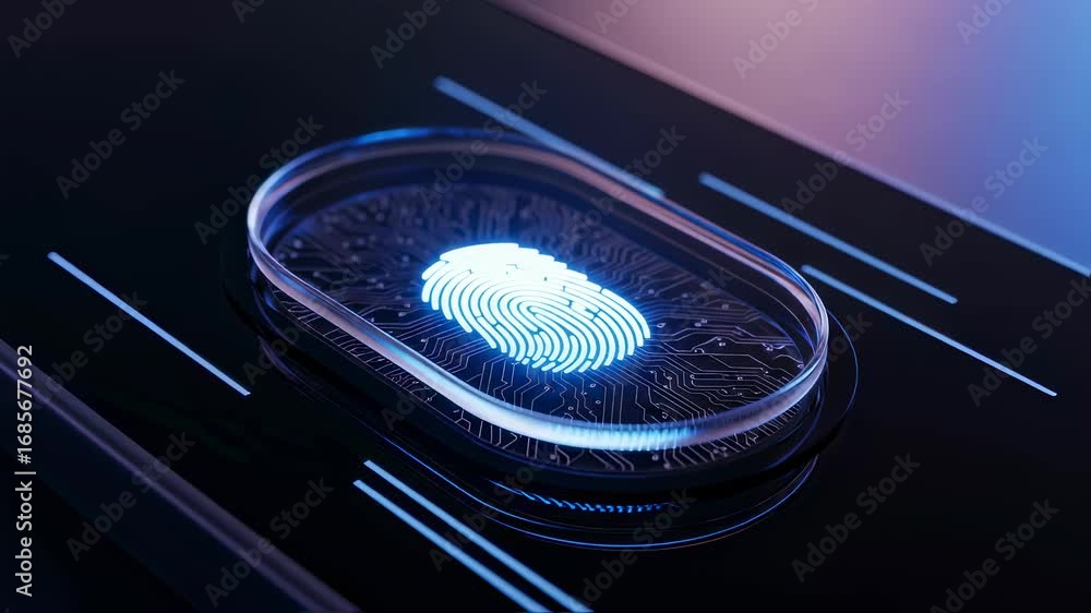 Poster digital fingerprint scanner with glowing blue pattern for biometric security and access control tech
