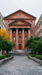 Naklejka premium Historic Brick Academic Hall with Columns, Centered Admissions Header with copy space