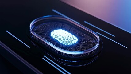 Digital fingerprint scanner with glowing blue pattern for biometric security and access control technology animation - Powered by Adobe