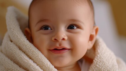Baby smiling brightly while wrapped in soft towel. Warm, inviting indoor atmosphere with gentle colors. Concept of childcare, family moments, early childhood development