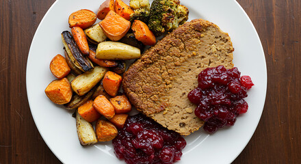 Delicious plant-based roast served with roasted root vegetables and cranberry sauce on a white plate