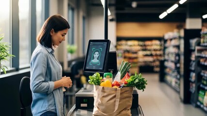 Woman paying for groceries with face id on supermarket self checkout machine, modern payment technology footage. - Powered by Adobe