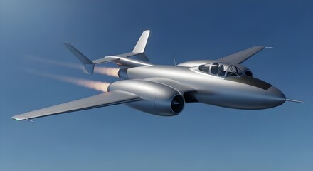 Obraz premium Futuristic Silver Jet Aircraft Flying with Exhaust Flames and Clear Blue Sky photo