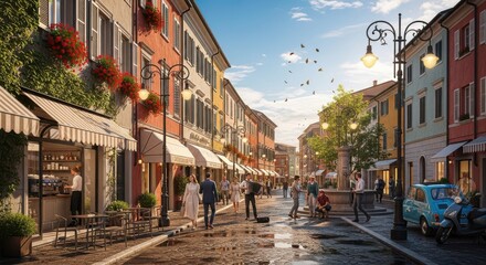 Vibrant Italian Streetscape with Cafe Culture and Classic Architecture