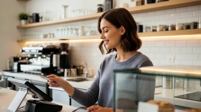 Woman making a contactless payment with a credit card at a coffee shop counter, modern sales transaction footage.