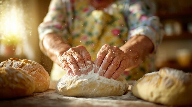 Hands skillfully mold bread dough surrounded by golden light in cozy kitchen setting. Flour dust adds charm to delightful baking experience. Concept of baker, culinary arts, home cooking