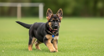 Adorable german shepherd puppy exploring a green field in the sunlight