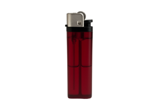 Red disposable lighter with metallic top isolated on transparent background