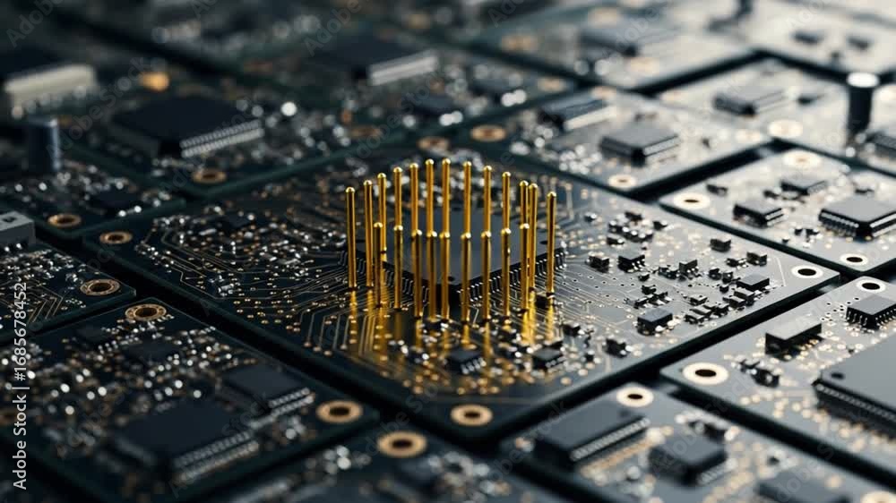 Aufkleber close up view of multiple dark circuit boards with chips and intricate wiring patterns visible here