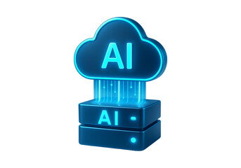 Glowing blue ai cloud symbol emerging from stacked servers isolated on transparent background