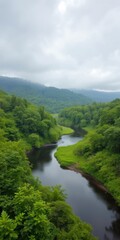 Fototapeta premium Serene river winding through lush green forested hills under a cloudy sky