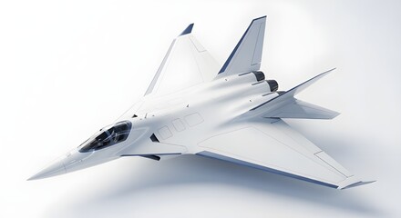 Futuristic white stealth fighter jet with sharp angles and blue accents on a white background