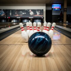 Bowling setup featuring pins and a bowling ball on a wooden lane
