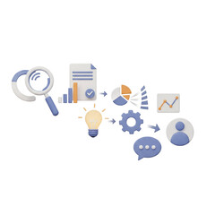 3D Data Analysis Workflow Concept with Search, Report, Idea, Process, Communication, and User Icons for Business Strategy and Innovation