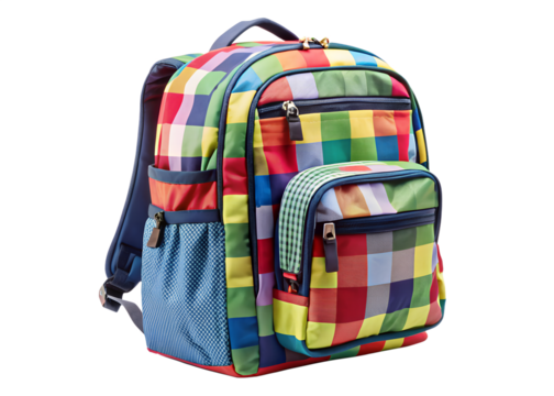 Colorful plaid backpack for school or travel isolated on transparent background