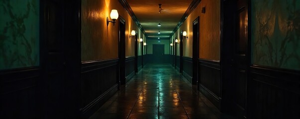 Mysterious, dimly lit hotel hallway at night Intriguing shadows dance on the walls, hinting at secrets and untold stories within A classic, vintage aesthetic prevails , ambiance, escape, vintage