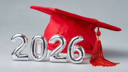 Senior 2026 University Celebration, Chrome Numerals on Pedestal, Clean Sky Header for Ads