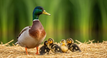 Mallard duck and ducklings resting on hay in soft green background
