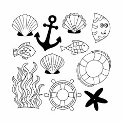 Hand drawn set of sea doodle marine elements shells fish seaweed anchor and xalifebuoy in sketch style
