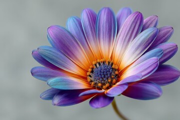 Obraz premium Close-up of colorful daisy flower with vibrant petals on soft grey background.