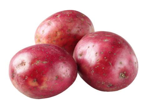 Three vibrant, deep-red potatoes clustered closely together.  Their skin has a slightly rough texture, displaying small speckles