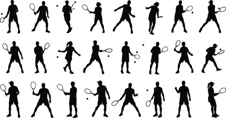 Silhouette Tennis Players Vector Set in Various Action Poses with Rackets and Balls for Sports Design, Illustration, and Graphics