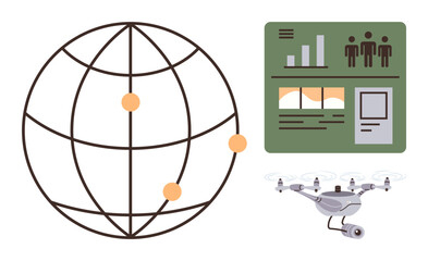 Globe with data points, a Quadcopter featuring a camera, and an analytics dashboard with stats and visuals. Ideal for technology, analytics, mapping, monitoring, innovation, automation global research