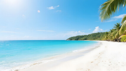 Wide angle of beach with clear blue water and white sand, bright sunny day, tropical travel concept