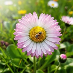 Obraz premium Bee nestled atop the delicate petals of a pink-tinged daisy blossom in sunlight