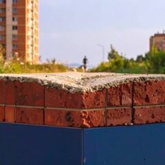Fototapeta premium Close-up of a damaged brick and tile border, a faded walkway stretches into the distance
