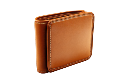 A tan leather wallet, open