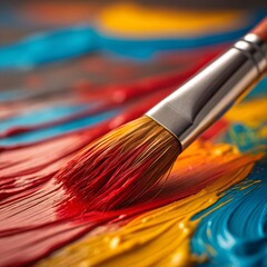 Close-Up of Paintbrush with Vibrant Acrylic Colors on Palette