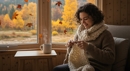 Content woman knitting a cozy scarf by the window, embracing the tranquil beauty of autumn with vibrant fall leaves and a warm beverage, creating a serene indoor escape
