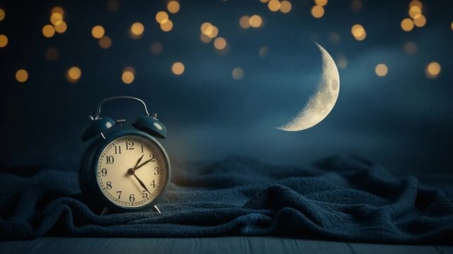 Alarm clock shows eleven o'clock with crescent moon and bokeh lights in the dark blue background
