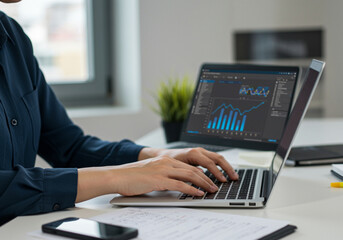 Woman Working on Laptop Analyzing Financial Data and Stock Market Charts at Desk in Bright Office Environment with Mobile Phone and Documents Nearby