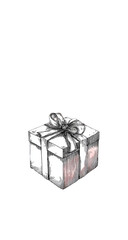 A stylized, white gift box with a ribbon