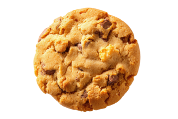 Close-up of a round chocolate chip cookie.  Golden-brown, crispy exterior with visible cracks.  Melted chocolate chips are scattered throughout.  Top view, isolated against black