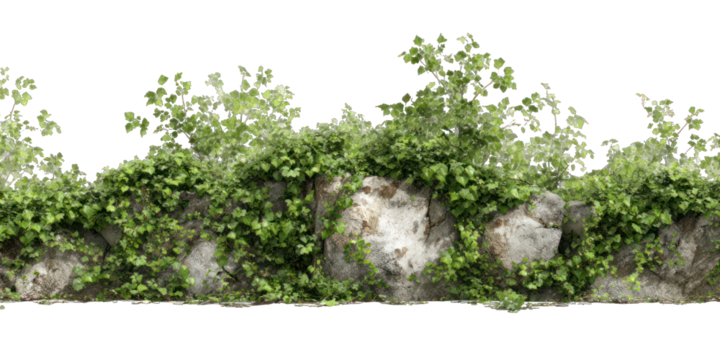 A lush green landscape of plants and rocks
