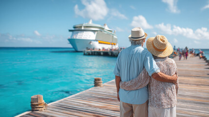 Romantic Couple on Wooden Pier Watching White Cruise Ship in Crystal Clear Turquoise Ocean