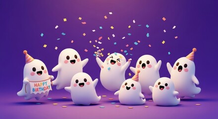 Obraz premium Adorable cartoon ghosts celebrate a festive birthday party with confetti and party hats, spreading cheerful vibes
