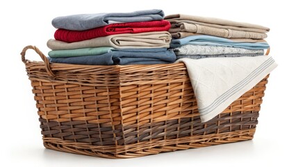 Obraz premium Stacked Folded Clothes in Wicker Basket, Laundry Basket Composition, Home Organization, White Background, Fabric Texture Laundry, Organization
