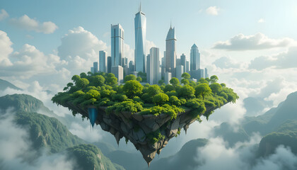 Fototapeta premium Futuristic city floats above lush green mountains, surrounded by clouds, showcasing a harmonious blend of nature and urban development in a serene atmosphere.