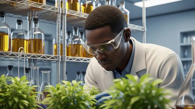 Scientist in lab coat examining plants with beakers and shelves of liquid filled bottles behind him