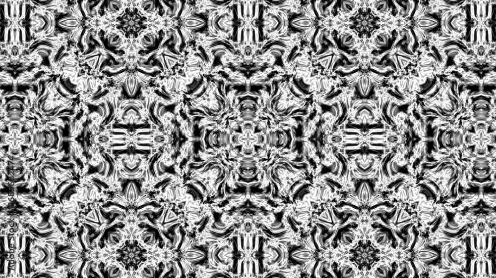 Poster abstract black and white kaleidoscope pattern animation background loop.