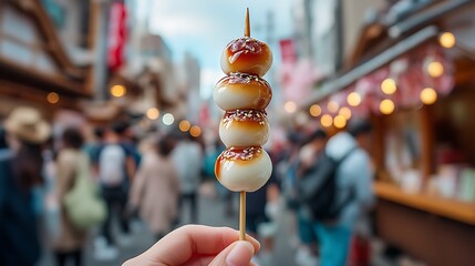Japanese Mitarashi Dango, sticky rice dumplings glazed in a sweet soy sauce, served at a lively street market, evoking cultural nostalgia and festive vibes