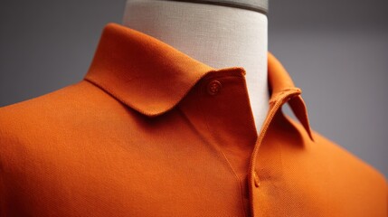 Close-up of an orange collared shirt on a mannequin, focus on the neckline